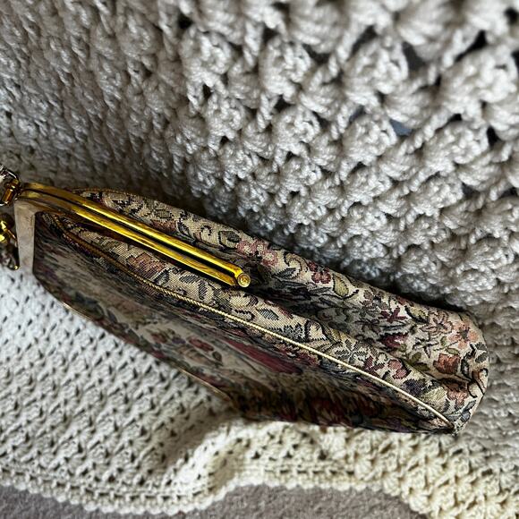Vintage 50s Tapestry Dancing and Floral Clutch Purse Top Handle Large Handbag - Picture 7 of 8